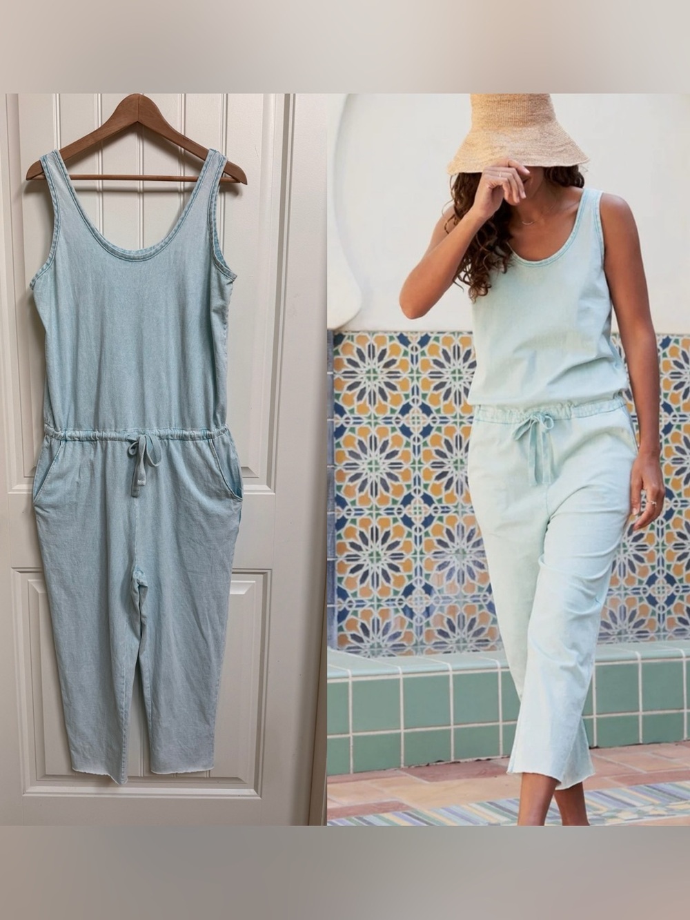 Frank & Eileen 100% Cotton Tank Cropped Jumpsuit in Sea Foam Stain. Size L